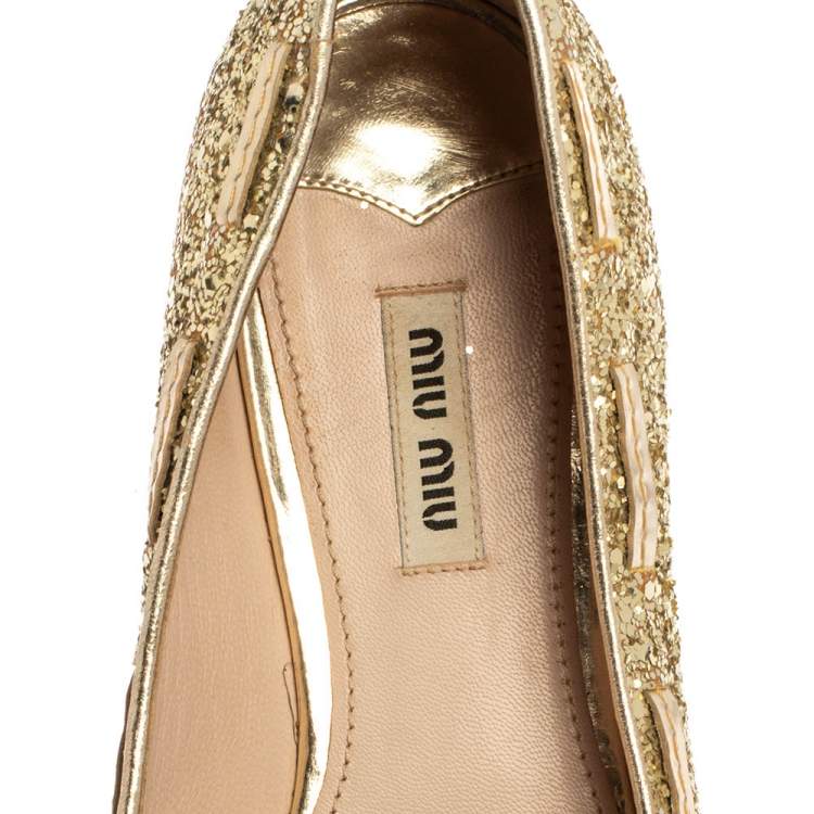 Pre Owned Miu Miu Gold Glitter And Leather Tassel Pointed Toe Flats Size 39.5