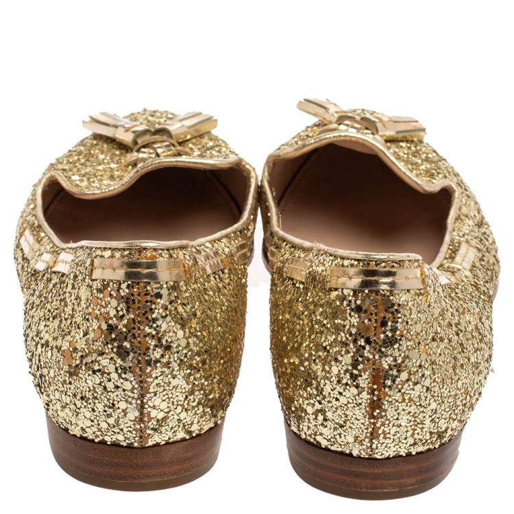 Pre Owned Miu Miu Gold Glitter And Leather Tassel Pointed Toe Flats Size 39.5