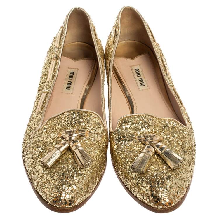 Pre Owned Miu Miu Gold Glitter And Leather Tassel Pointed Toe Flats Size 39.5