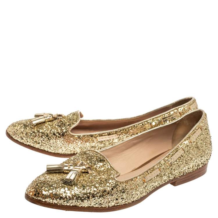 Pre Owned Miu Miu Gold Glitter And Leather Tassel Pointed Toe Flats Size 39.5
