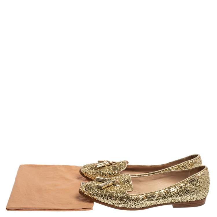 Pre Owned Miu Miu Gold Glitter And Leather Tassel Pointed Toe Flats Size 39.5