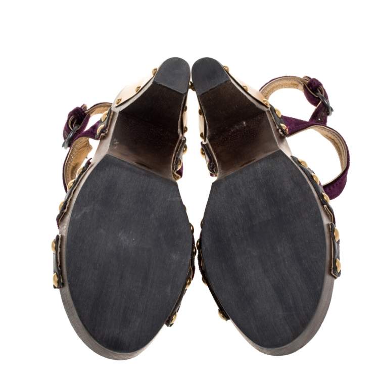 مملوكة مسبقًا Miu Miu Purple Velvet Studded Ankle Strap Wooden Platform Sandals Size 37