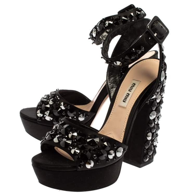 Pre Owned Miu Miu Black Satin Embellished Platform Ankle Strap Sandals Size 36.5