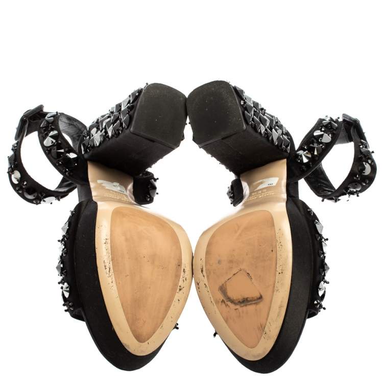 Pre Owned Miu Miu Black Satin Embellished Platform Ankle Strap Sandals Size 36.5