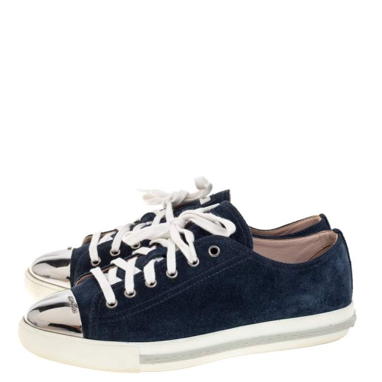 Pre Owned Miu Miu Navy Blue Suede Metal Cap Toe Lace Up Sneakers Size 40