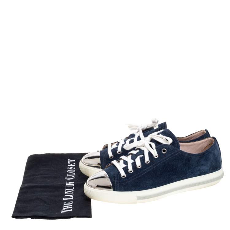 Pre Owned Miu Miu Navy Blue Suede Metal Cap Toe Lace Up Sneakers Size 40