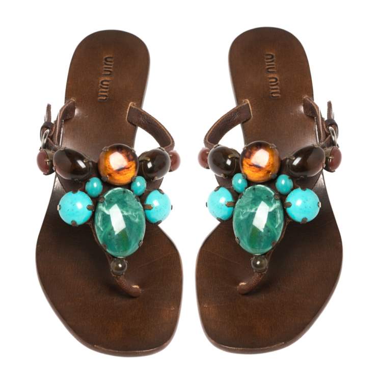 Pre Owned Miu Miu Brown Leather  Beaded Thong Sandals Size 37
