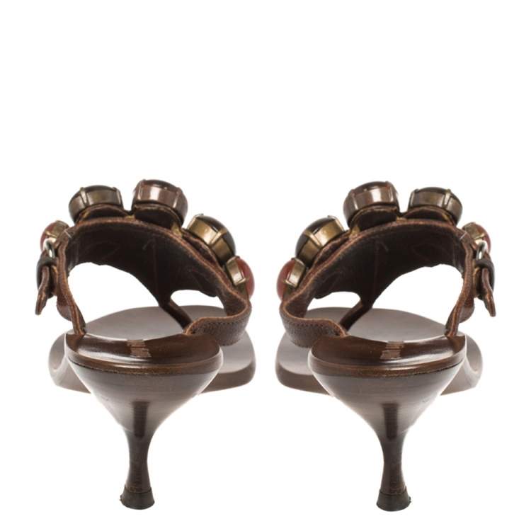 Pre Owned Miu Miu Brown Leather  Beaded Thong Sandals Size 37