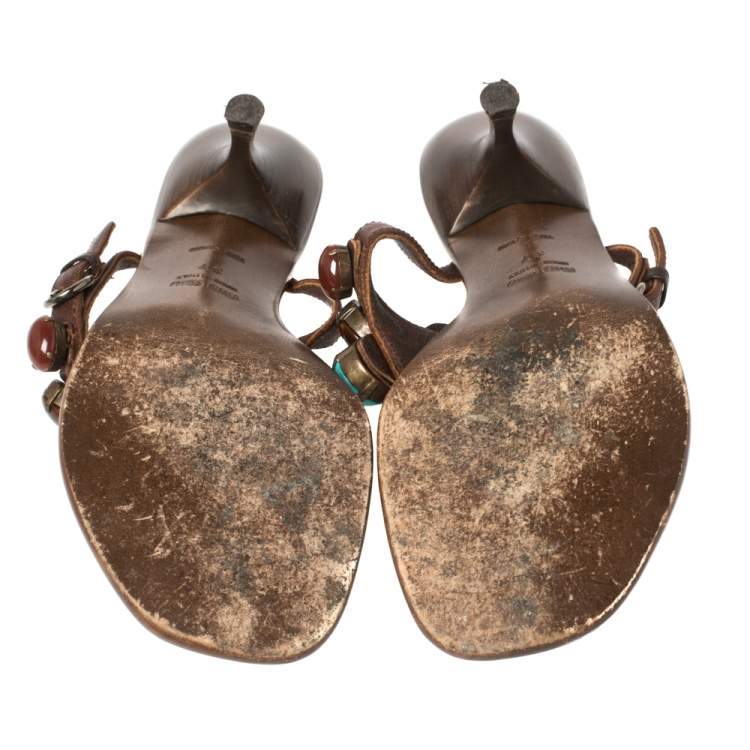 Pre Owned Miu Miu Brown Leather  Beaded Thong Sandals Size 37