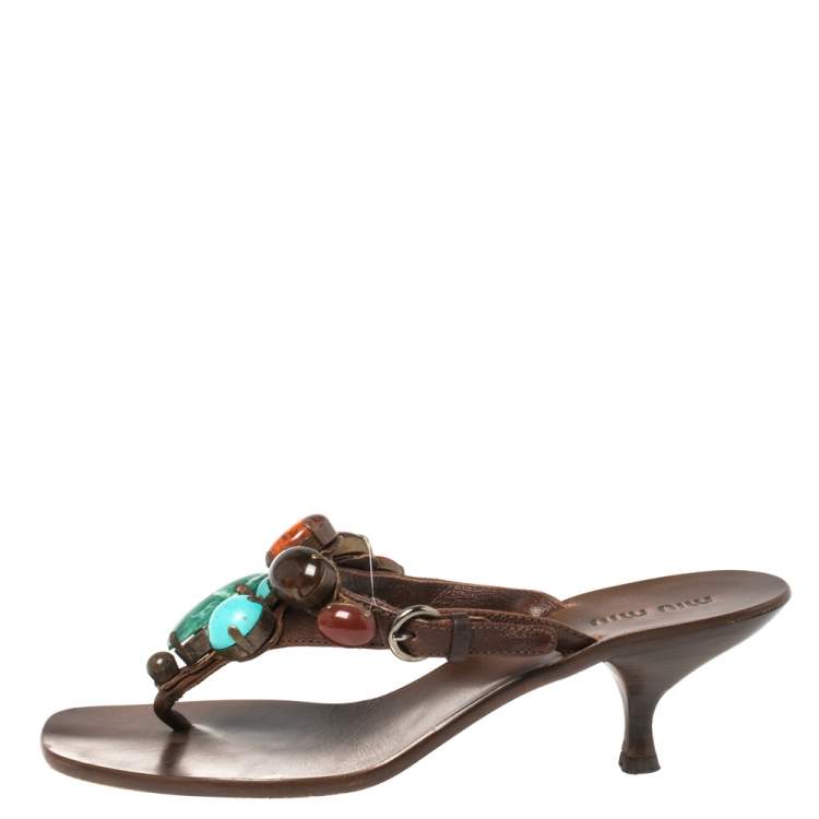 Pre Owned Miu Miu Brown Leather  Beaded Thong Sandals Size 37