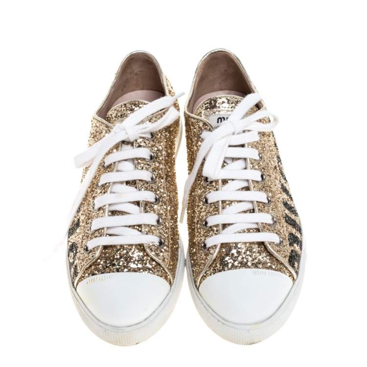 Pre Owned Miu Miu Metallic Gold Glitter Low Top Sneakers Size 36