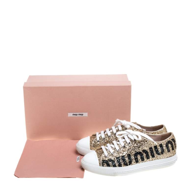 Pre Owned Miu Miu Metallic Gold Glitter Low Top Sneakers Size 36