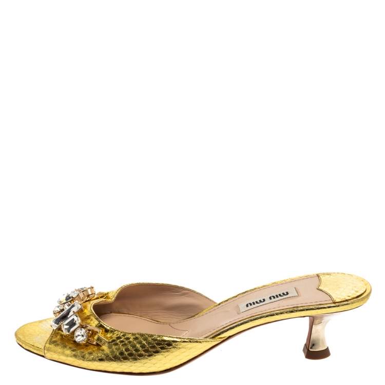 Pre Owned Miu Miu Gold Python Embossed Leather Crystal Embellished Open Toe Sandals Size 38.5