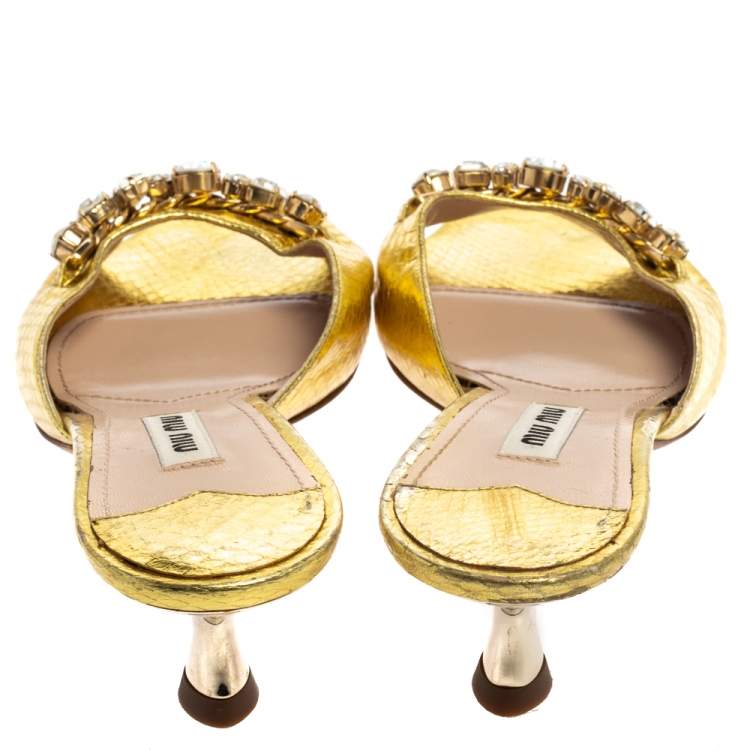 Pre Owned Miu Miu Gold Python Embossed Leather Crystal Embellished Open Toe Sandals Size 38.5