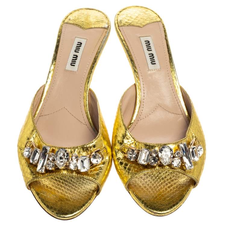 Pre Owned Miu Miu Gold Python Embossed Leather Crystal Embellished Open Toe Sandals Size 38.5