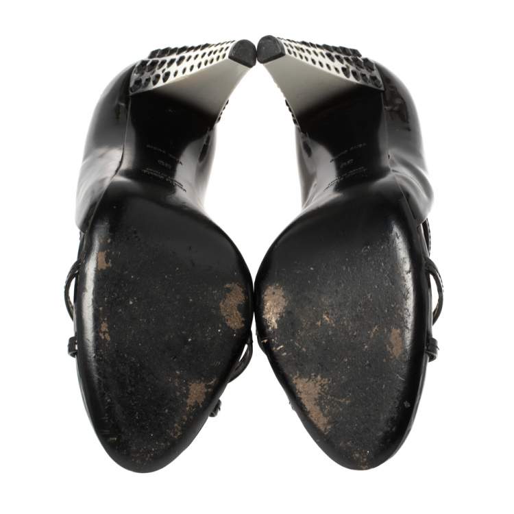 Pre Owned MIU MIU Black Patent Leather Crystal Embellished Heel Sandals Size 39