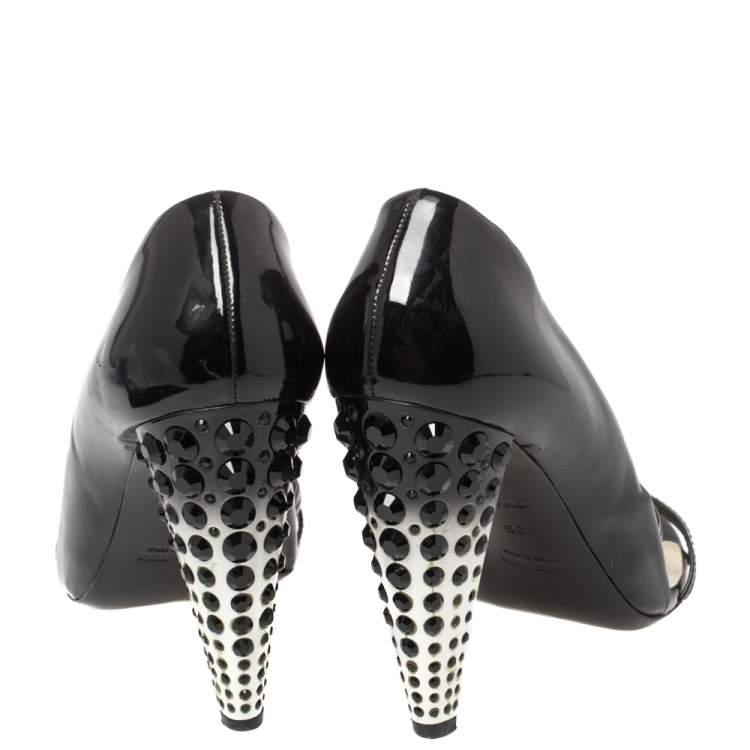 Pre Owned MIU MIU Black Patent Leather Crystal Embellished Heel Sandals Size 39