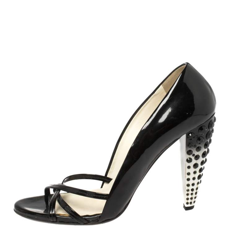 Pre Owned MIU MIU Black Patent Leather Crystal Embellished Heel Sandals Size 39