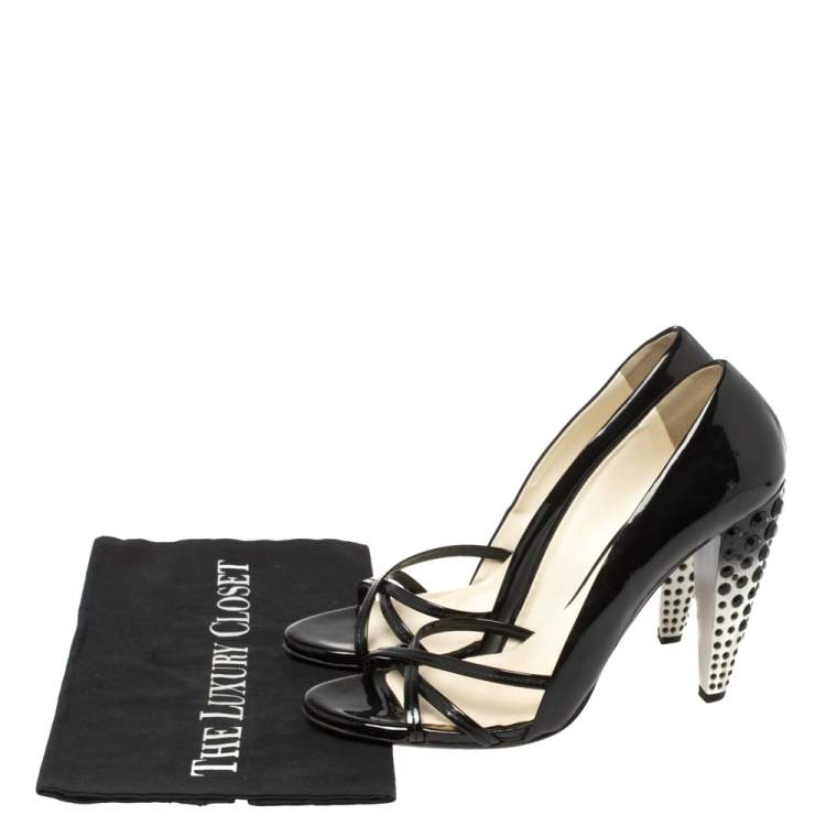 Pre Owned MIU MIU Black Patent Leather Crystal Embellished Heel Sandals Size 39