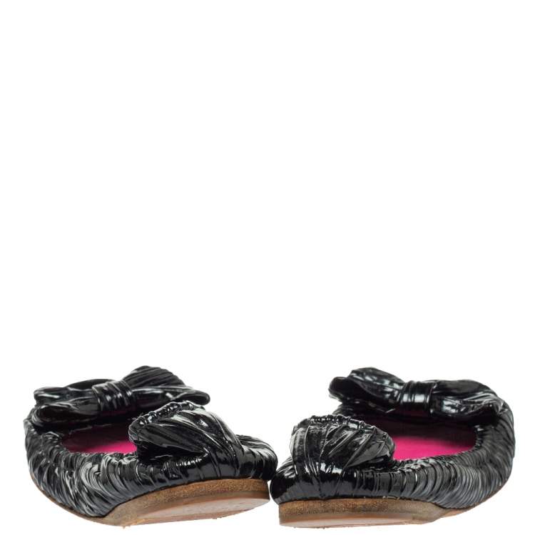 Pre Owned Miu Miu Black Patent Leather Scrunch Bow Open Toe Ballet Flats Size 38