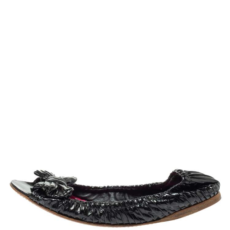 Pre Owned Miu Miu Black Patent Leather Scrunch Bow Open Toe Ballet Flats Size 38