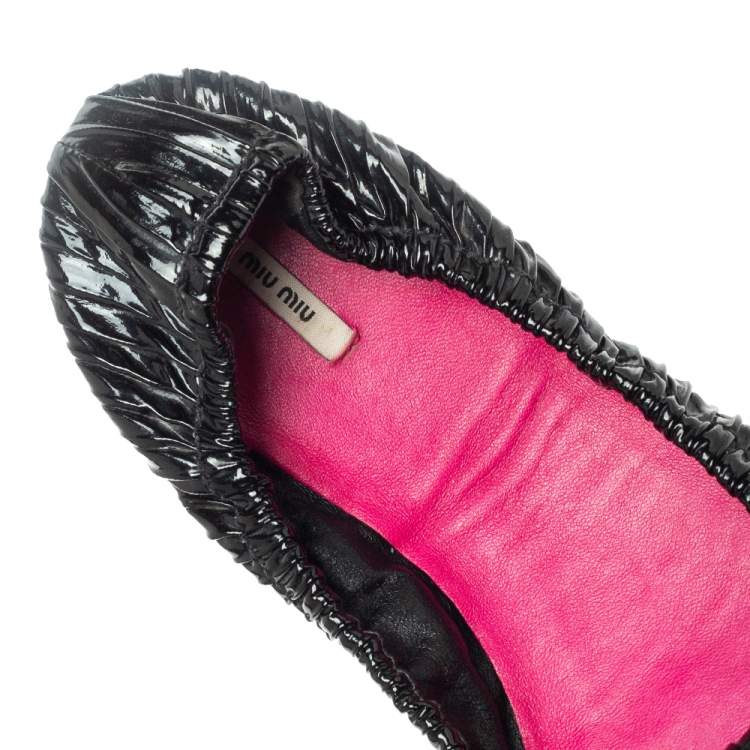Pre Owned Miu Miu Black Patent Leather Scrunch Bow Open Toe Ballet Flats Size 38