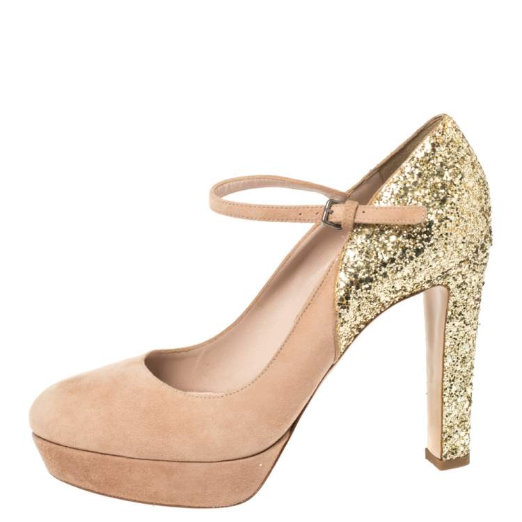 مملوكة مسبقًا Miu Miu Beige/Gold Suede and Glitter Mary Jane Platform Pumps Size39