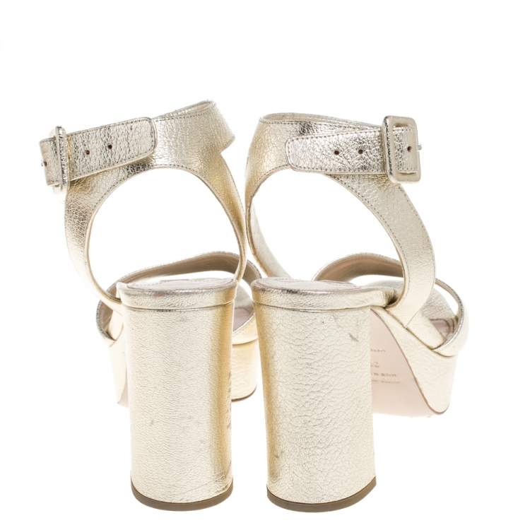 Pre Owned Miu Miu Gold Leather Block Heel Ankle Strap Platform Sandals Size 36