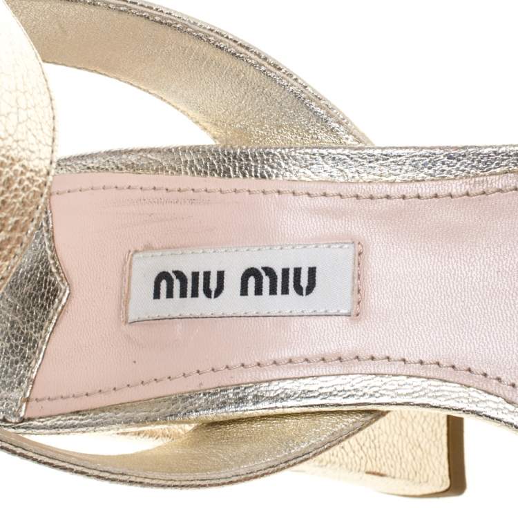 Pre Owned Miu Miu Gold Leather Block Heel Ankle Strap Platform Sandals Size 36
