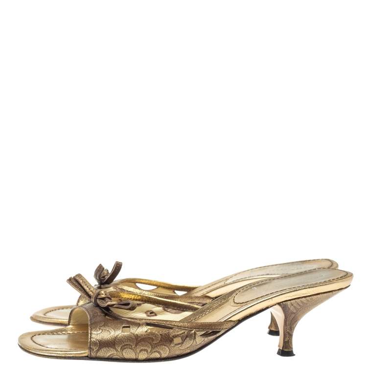 Pre Owned  Miu Miu Gold Brocade Embossed  Leather Cut Out Bow Sandals Size 37