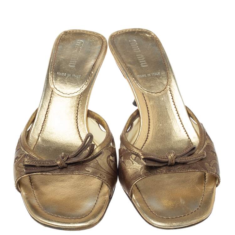 Pre Owned  Miu Miu Gold Brocade Embossed  Leather Cut Out Bow Sandals Size 37