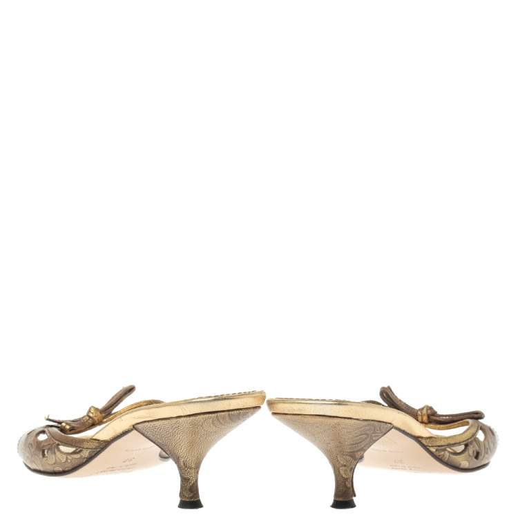 Pre Owned  Miu Miu Gold Brocade Embossed  Leather Cut Out Bow Sandals Size 37