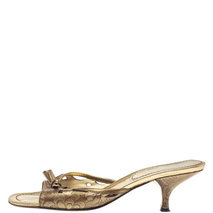 Pre Owned  Miu Miu Gold Brocade Embossed  Leather Cut Out Bow Sandals Size 37