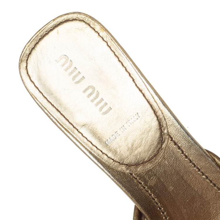 Pre Owned  Miu Miu Gold Brocade Embossed  Leather Cut Out Bow Sandals Size 37