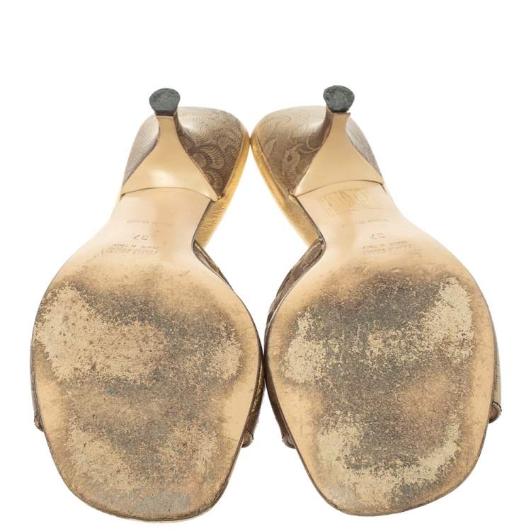 Pre Owned  Miu Miu Gold Brocade Embossed  Leather Cut Out Bow Sandals Size 37