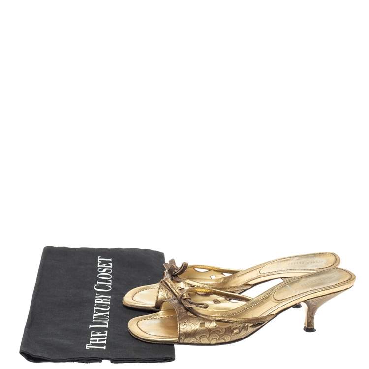 Pre Owned  Miu Miu Gold Brocade Embossed  Leather Cut Out Bow Sandals Size 37