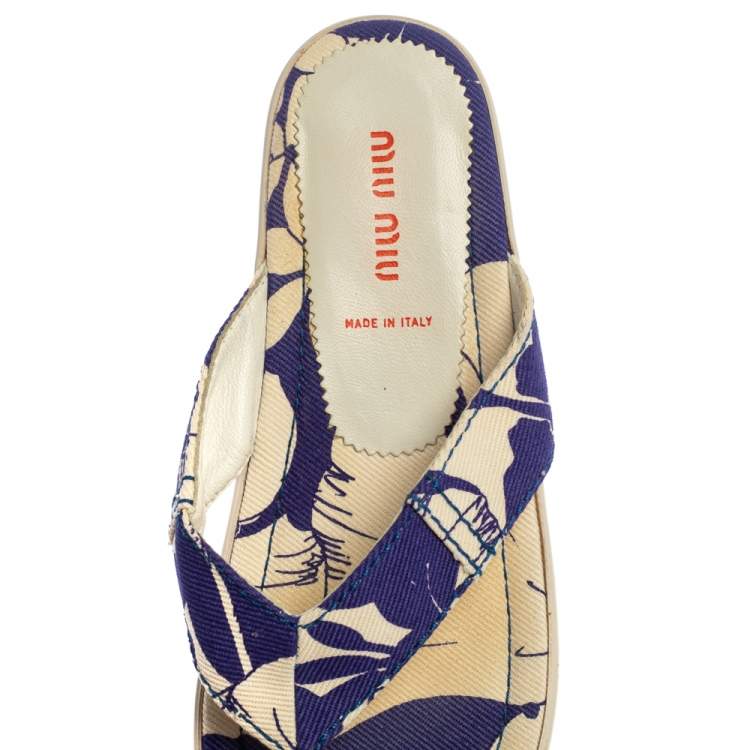 Pre Owned Miu Miu Blue/White Printed Canvas Thong Wedge Sandals Size 37