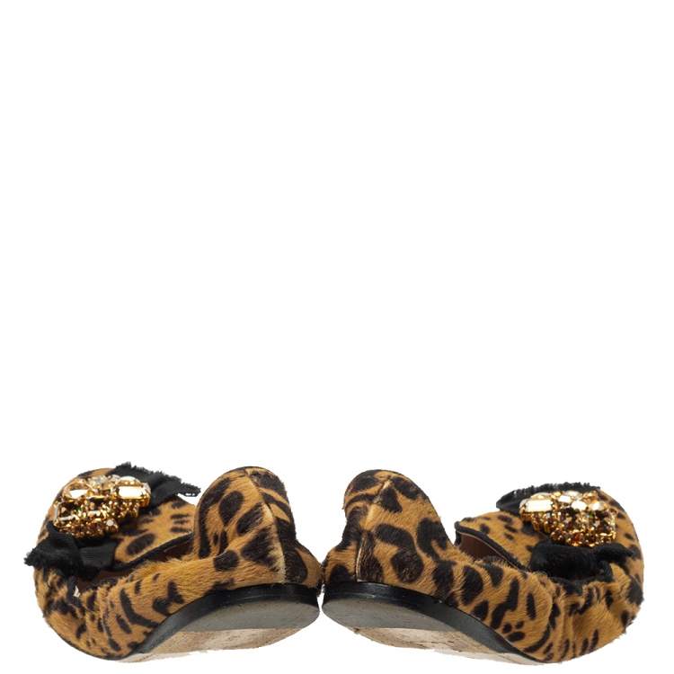 Pre Owned Miu Miu Brown Cheetah Print Calf Hair Bow Crystal Ballet Flats Size 38 