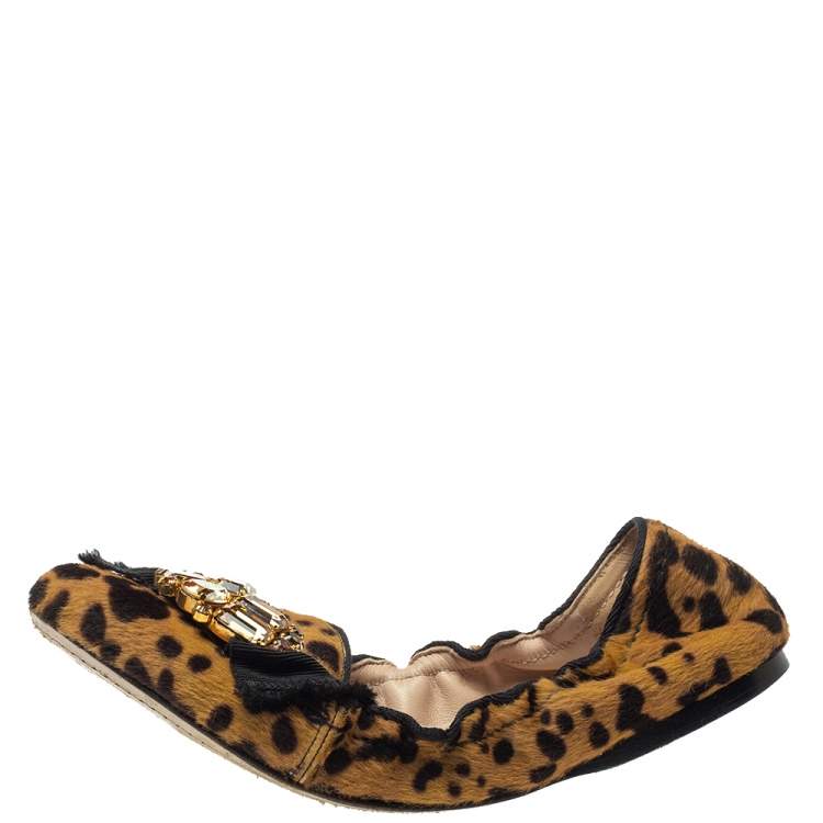 Pre Owned Miu Miu Brown Cheetah Print Calf Hair Bow Crystal Ballet Flats Size 38 