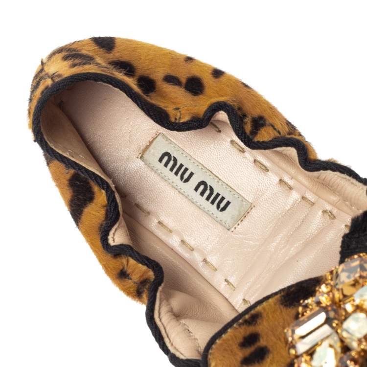 Pre Owned Miu Miu Brown Cheetah Print Calf Hair Bow Crystal Ballet Flats Size 38 