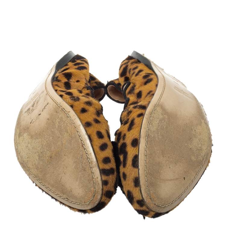 Pre Owned Miu Miu Brown Cheetah Print Calf Hair Bow Crystal Ballet Flats Size 38 