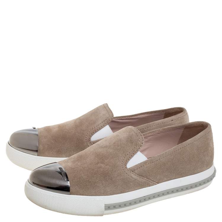 Pre Owned Miu Miu Beige Suede Metal Cap Toe Platform Slip On Sneakers Size 36.5