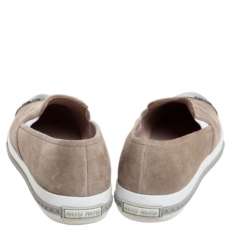 Pre Owned Miu Miu Beige Suede Metal Cap Toe Platform Slip On Sneakers Size 36.5