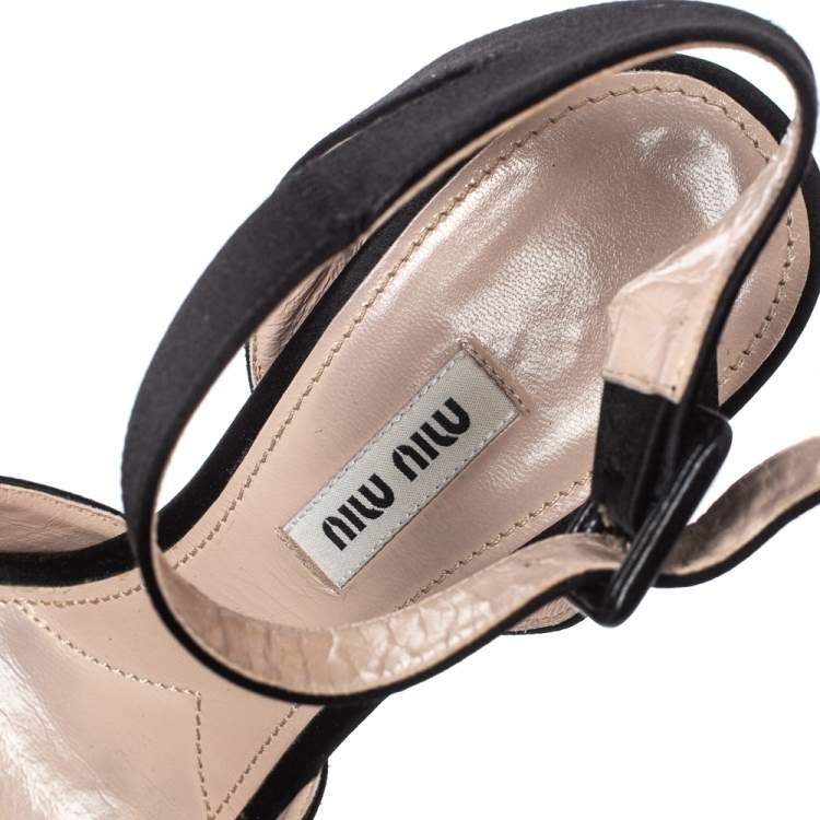 Pre Owned Miu Miu Black Satin Embellished Block Heel Peep Toe Platform Ankle Strap Sandals Size 38