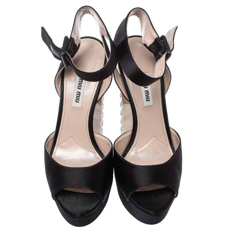 Pre Owned Miu Miu Black Satin Embellished Block Heel Peep Toe Platform Ankle Strap Sandals Size 38