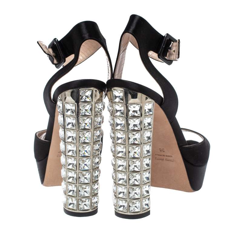 Pre Owned Miu Miu Black Satin Embellished Block Heel Peep Toe Platform Ankle Strap Sandals Size 38