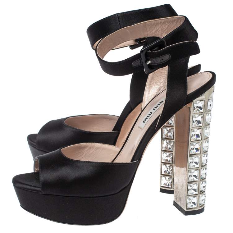 Pre Owned Miu Miu Black Satin Embellished Block Heel Peep Toe Platform Ankle Strap Sandals Size 38