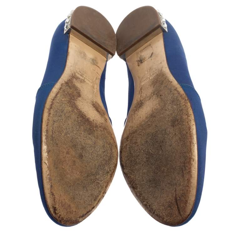 Pre Owned  Miu Miu Blue Canvas Embroidered Crystal Studded Smoking Slippers Size 39