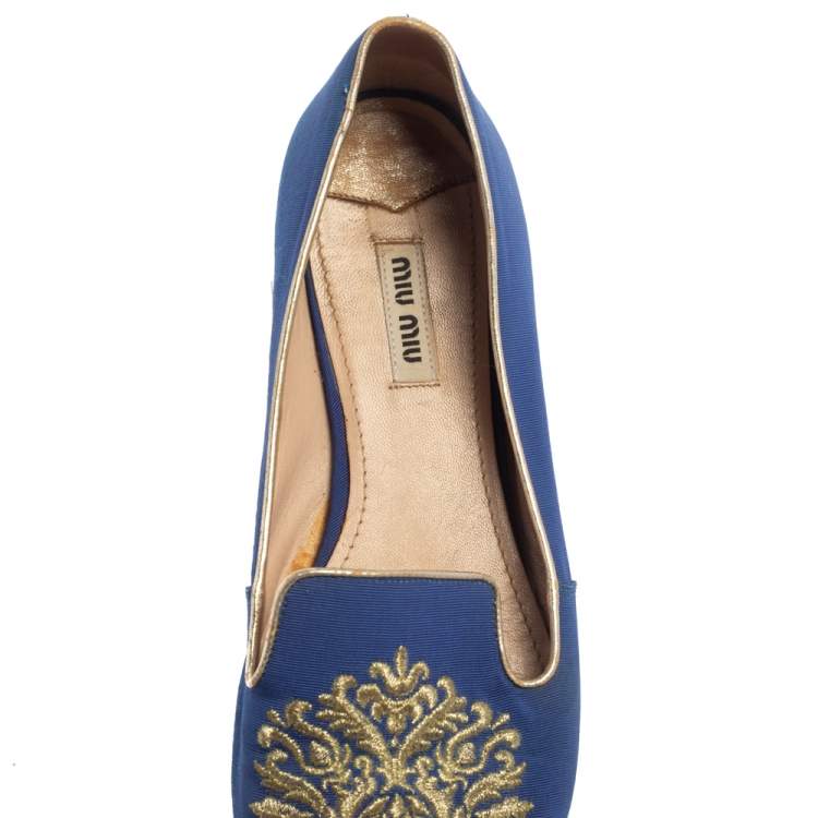 Pre Owned  Miu Miu Blue Canvas Embroidered Crystal Studded Smoking Slippers Size 39