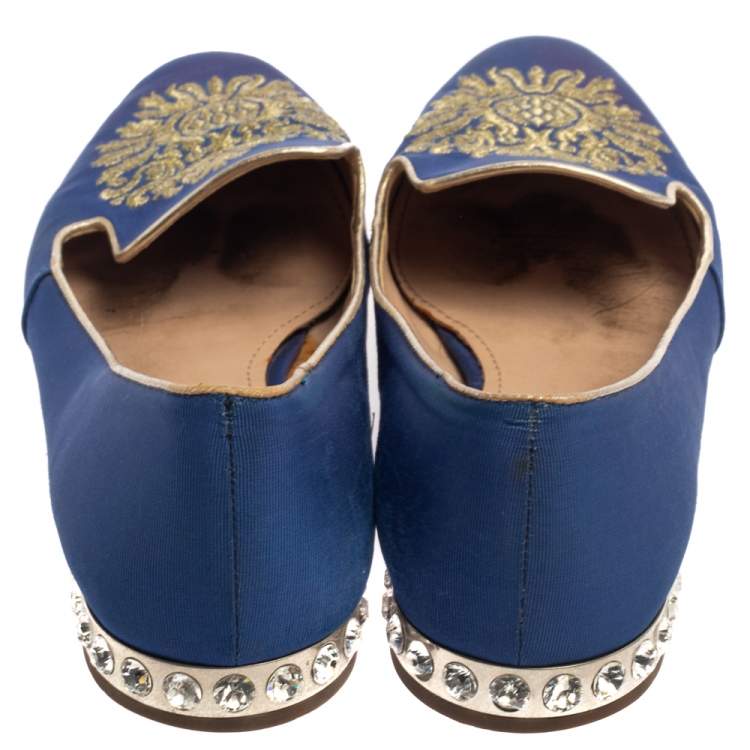 Pre Owned  Miu Miu Blue Canvas Embroidered Crystal Studded Smoking Slippers Size 39